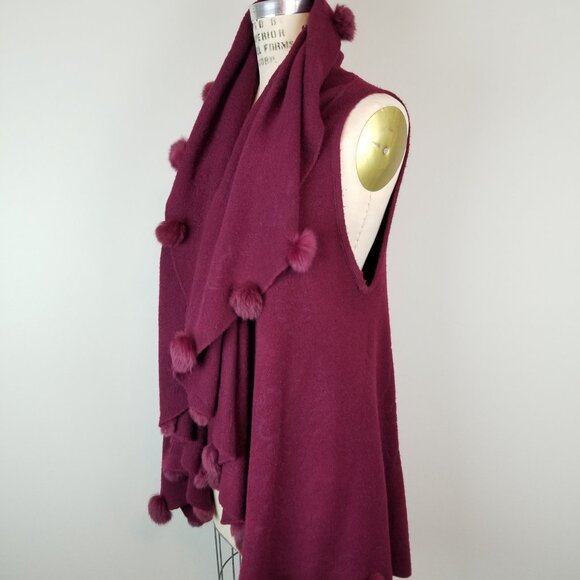 Vintage Wine Burgundy Knit Long Vest with Dramatic Collar & Rabbit Fur Pom Poms - Picture 3 of 11